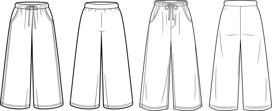 Wide leg sweatpants vector set, elastic waistband trousers with drawstring and relaxed fit, front and back views &ndash; vector illustration