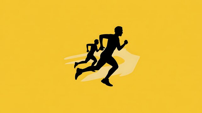 Two dynamic running silhouettes with speed trails on a bright yellow background