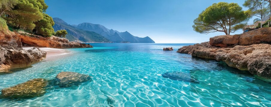 Turquoise cove with crystal-clear water, rocky cliffs and pine trees on a sunny summer day