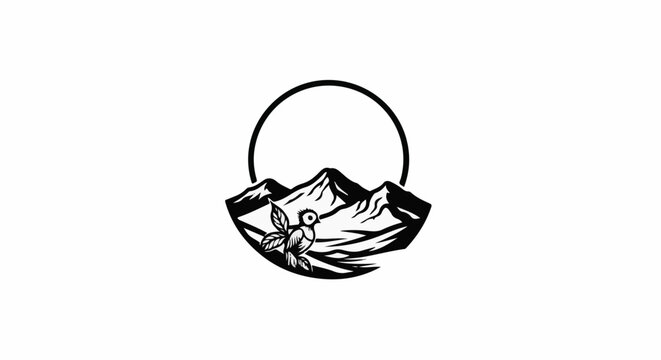 Stylized bird and mountains within a circle against a white background