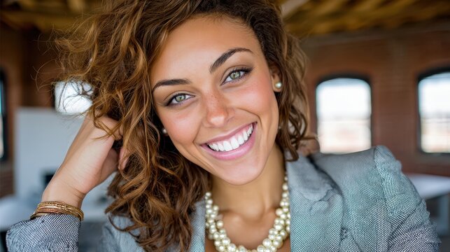 A vibrant young adult woman with striking green eyes and voluminous curly brown hair smiles genuinely