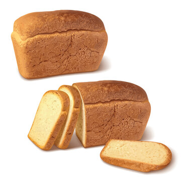 Realistic bread loaf. Bakery wheat whole bread and cut slices, french homemade bake 3d slice grain dough crust cooking breakfast sandwich food, isolated garish vector illustration