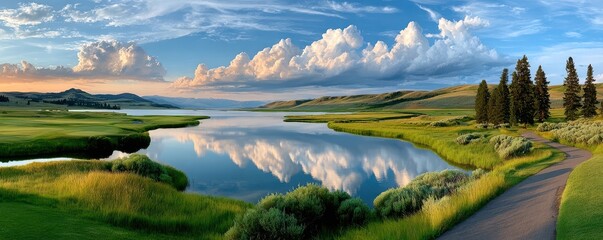 Fototapeta premium Panoramic view of Yellowstone lake and rolling meadows with dramatic clouds and reflections