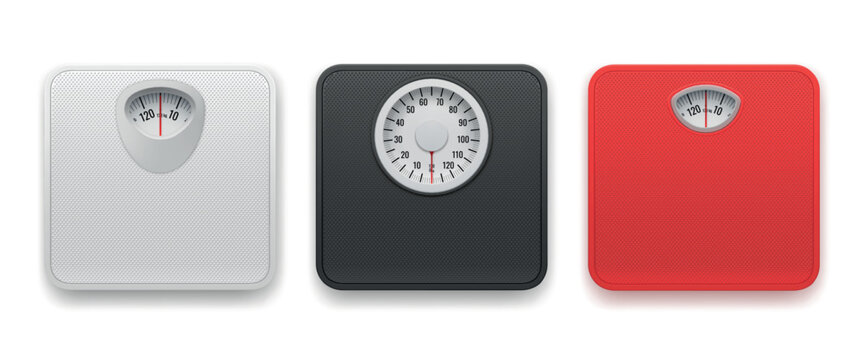 Realistic bathroom scales. 3d floor analogue scale, weight balance body mass loss diet control device top view white red black color fat obesity set garish vector illustration