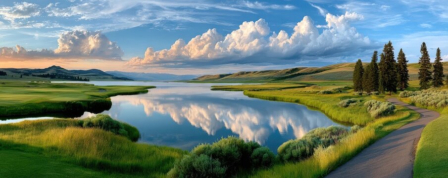 Panoramic view of Yellowstone lake and rolling meadows with dramatic clouds and reflections