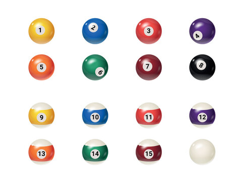 Realistic billiard balls. 3d snooker ball pool, cue gambling game rack isolated ball eight five number black white green blue red color round spheres exact vector illustration