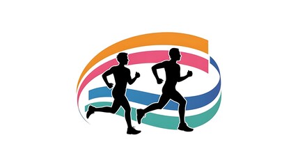 Obraz premium Two male runners depicted in silhouette form on a white background with colorful flowing lines