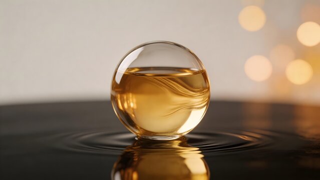 Glass sphere with golden liquid on reflective surface