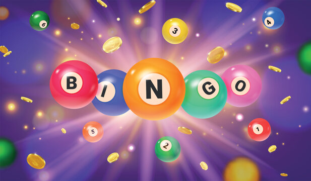 Bingo balls banner. Lottery number ball fly effect, online casino game or lotto billiard wanner poster falling balls lucky gambling bonus money prize exact vector illustration