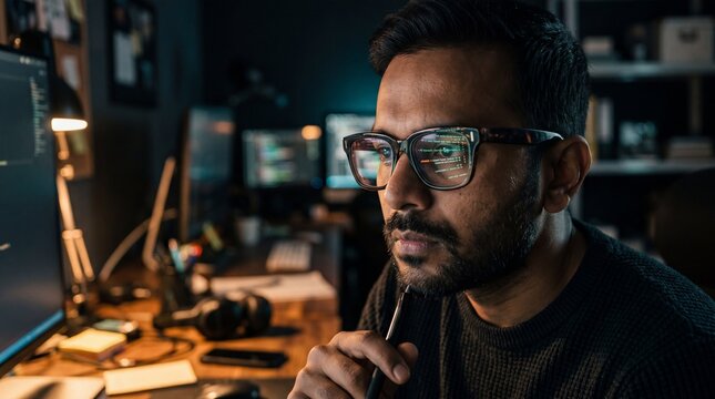 A concentrated individual deeply engrossed in coding. Illuminated by the glow of multiple screens, hinting at complex digital endeavors and late night work sessions.