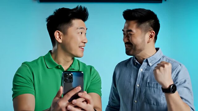 Two Asian men react with excitement to a smartphone video.