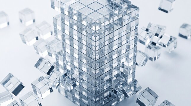 A conceptual arrangement of crystalline cubes showcases architectural and technological concepts.