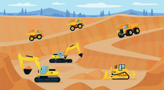 Quarry machinery. Mine coal extraction industry, excavator truck digger heavy equipment open pit site sand stone rock dump construction production qualitative vector illustration