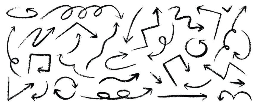 Charcoal arrows. Hand drawn arrow, handwritten sketch lines scribble pointers stroke chalk pencil direction crayon brush marker grunge texture rough qualitative vector illustration