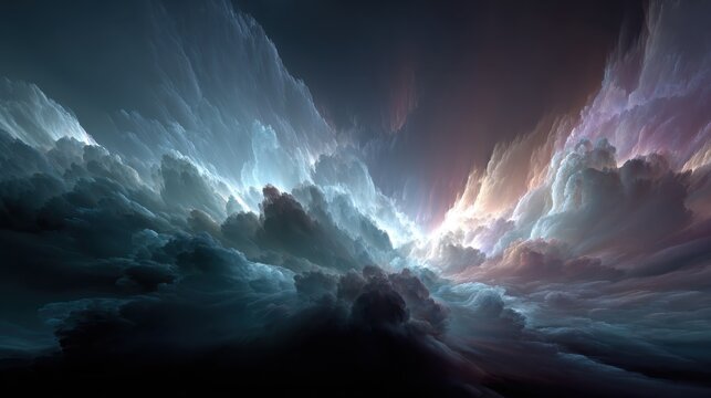 Abstract dramatic ice mountain landscape with purple and blue light on dark background