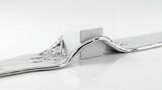 Abstract composition showcasing a smooth, metallic river of quicksilver-like fluid cascading over a solid geometric cube, symbolizing the fluidity and innovation within design and architecture.