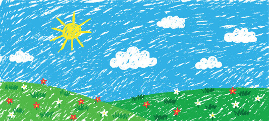 Naklejka premium Crayon landscape. Kid pastel hand drawn, sky cloud grass field hill green meadow nature spring summer garden flower plant children painting scene qualitative vector illustration