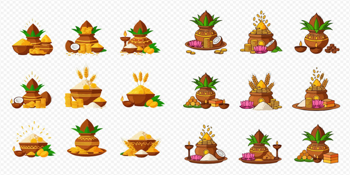 Set of Kalash and other traditional Indian puja items for religious festivals and ceremonies.