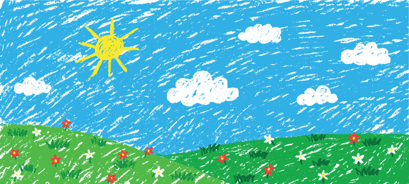 Crayon landscape. Kid pastel hand drawn, sky cloud grass field hill green meadow nature spring summer garden flower plant children painting scene qualitative vector illustration