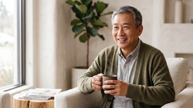 A serene senior man in cardigan enjoys a cup of coffee while gazing contentedly out of the window, bathed in the soft glow of natural light.