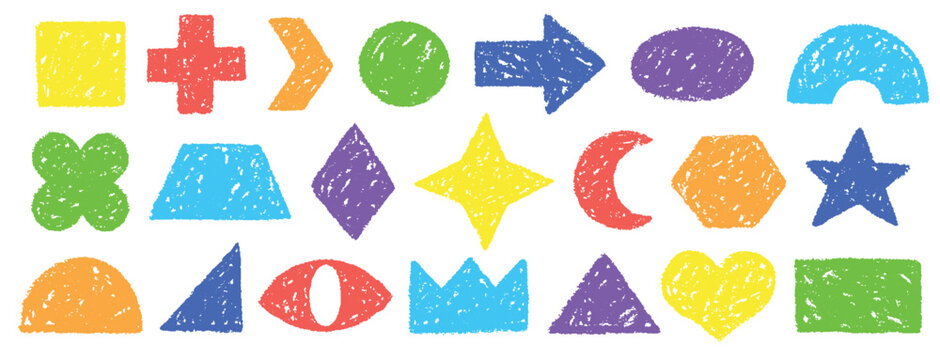 Crayon figures. Hand drawn geometric shapes, childish geometry circle square triangle rectangle oval figure star heart arrow pastel chalk abstract qualitative vector illustration