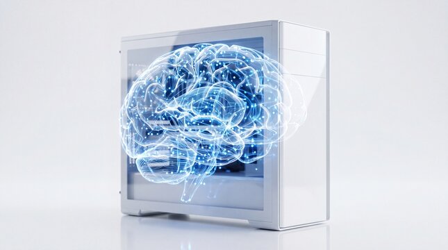 An artistic, futuristic digital brain is displayed inside a sleek, modern computer case, symbolizing the cutting edge of artificial intelligence. 
