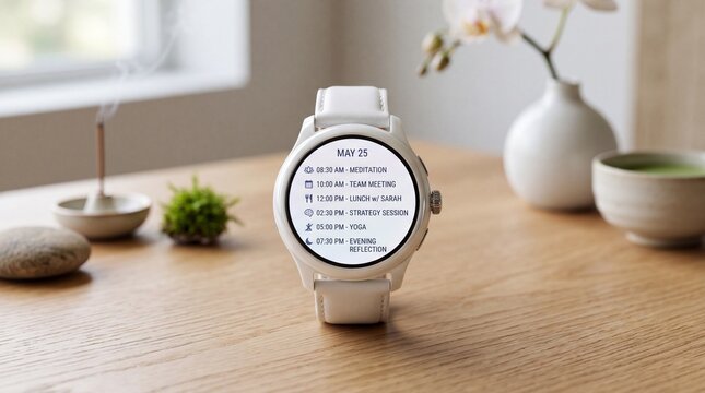 A modern smartwatch displays a serene wellness interface on a wooden table, with decorative elements suggestive of a calm lifestyle.