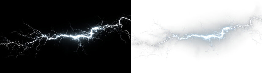 Blue and white light moves across isolated on transparent and black background during a storm or electrical event, showcasing energy and brightness in a striking display, light overlay, PNG © Liubov