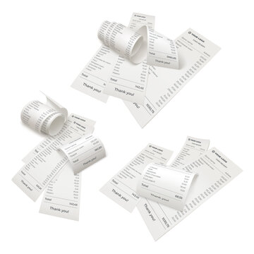 Purchase receipt pile. Realistic paper bill, shop check ticket cash cheque store expense pos voucher print pay price tax market bank debt budget order garish vector illustration