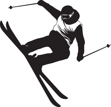 Skier silhouette jumping in mid-air, freestyle skiing athlete performing a stunt, black and white winter sports vector icon for mountain resort branding
