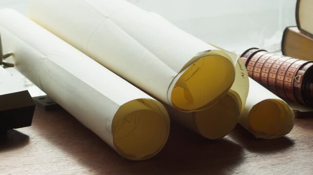 Side dolly reveals a cryptex beside a vintage telephone and old books, hinting at coded communication and hidden messages, suited for mystery or investigative narratives.