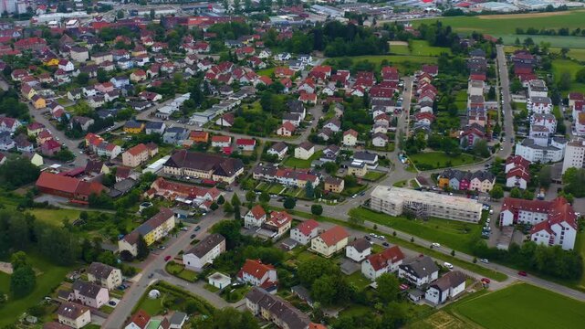 Aerial view of old town of the city Eppingen in Germany on cloudy day in Spring. 