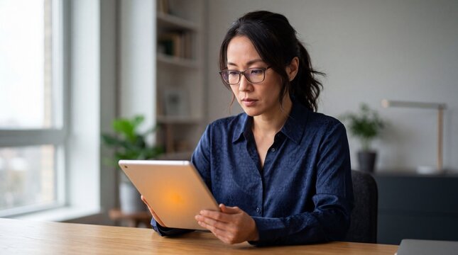 A focused and composed businesswoman intently reviews data on a digital tablet, reflecting the modern work landscape.