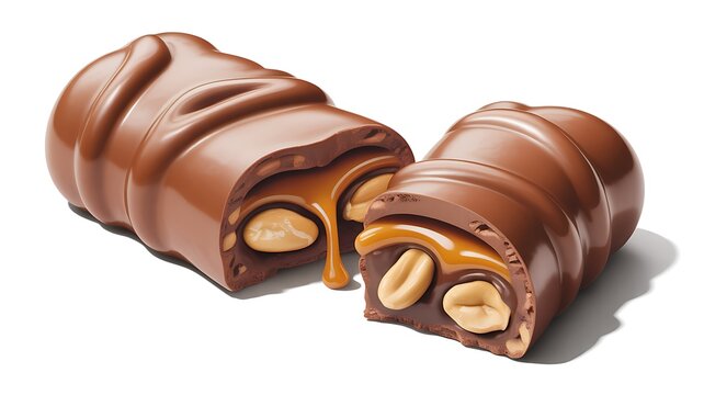 Vibrant candy bar broken into two pieces revealing caramel and peanuts