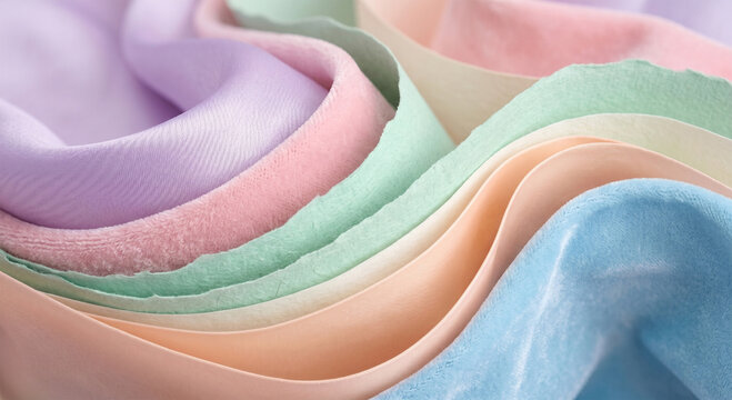 Dreamlike abstract background of flowing pastel colored silk and velvet fabrics with soft diffuse light for cosmetic display