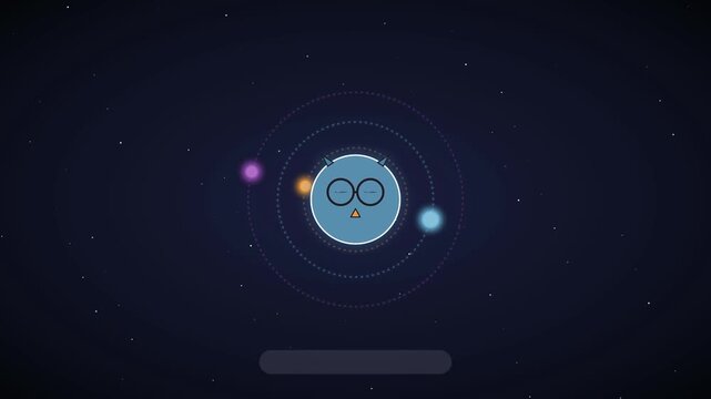 Animated atom mascot with glasses in space, orbiting planets on dark background. Top and Bottom copyspace template for text.