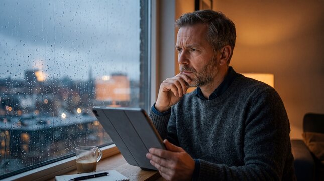 An individual, engrossed in contemplation, gazes out a rain-streaked window, clutching a digital tablet in a moment of thoughtful introspection.