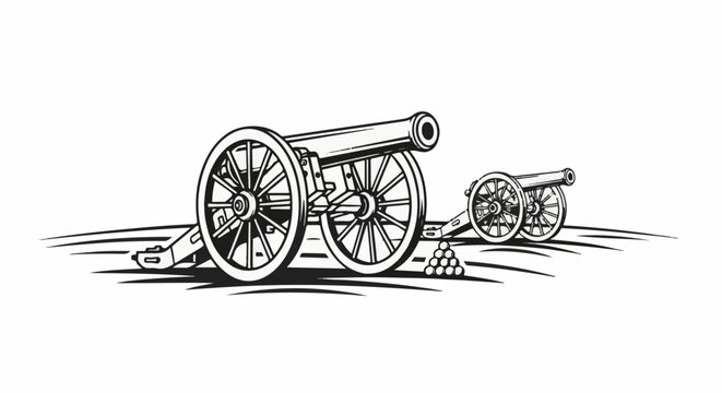 Two historical cannons on wheels with cannonballs in a graphic illustration
