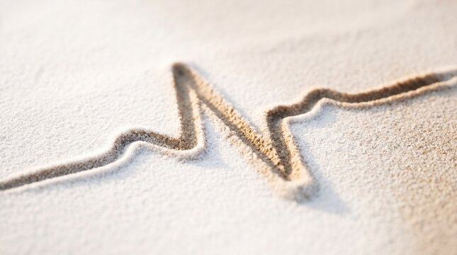 An electrocardiogram line drawn in sand, symbolizing life's rhythms and the pulse of existence. The stark contrast between the fine grains and the delicate lines highlights the fragility of time.