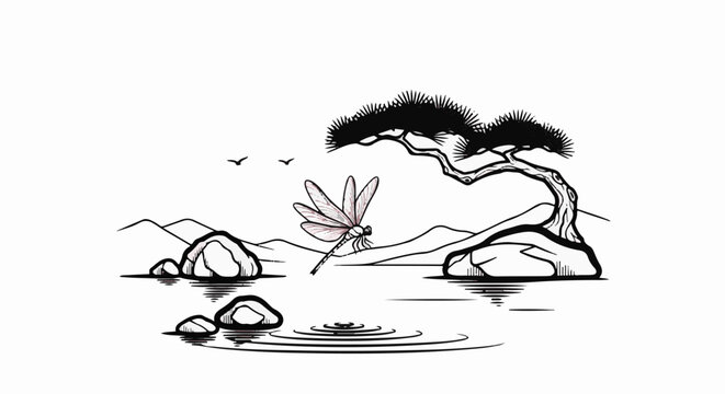 Zen landscape with dragonfly, birds, and pine tree over water