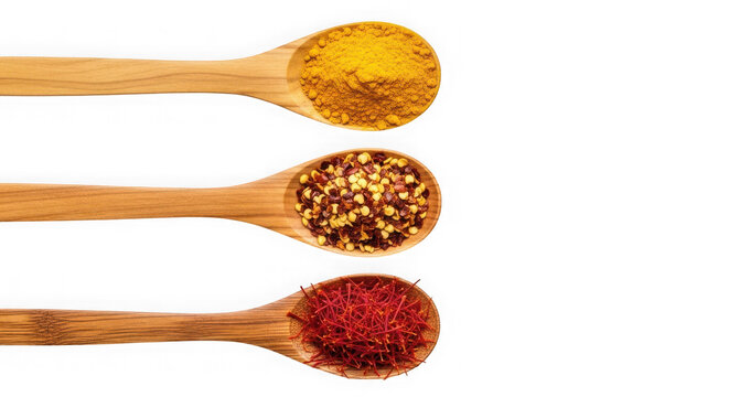 Three wooden spoons with turmeric powder, chili flakes and saffron threads isolated on transparent background