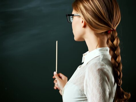 Young teacher pointing at blackboard with wooden stick
