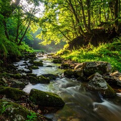 Obraz premium Sunlit stream flowing through a lush green forest, mossy rocks, dappled sunlight, tranquil wilderness, peaceful nature scene, woodland landscape photography