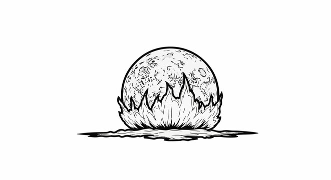 A black and white drawing of a celestial sphere erupting with fiery floral elements below