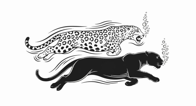 Two stylized big cats, a spotted leopard and a black panther, swim powerfully