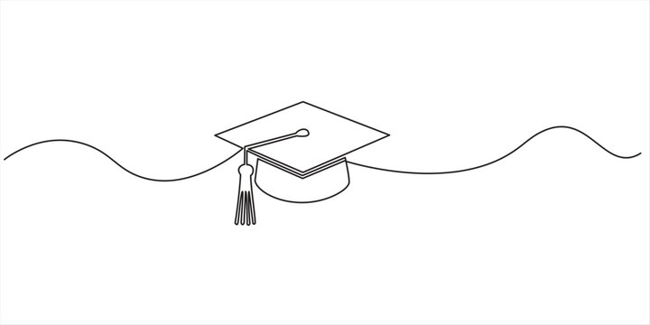 Minimal one line drawing of graduation cap with tassel, continuous line art vector illustration Single continuous line art graduation cap. Celebration ceremony master's degree academy graduate design 