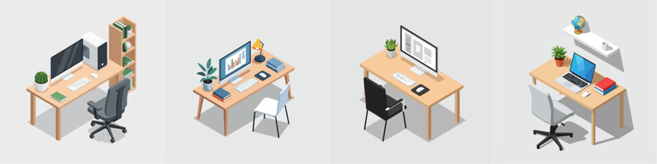 Fototapeta premium Isometric home office setup with a desk, chair, and computer, simple flat vector, white background, no outline