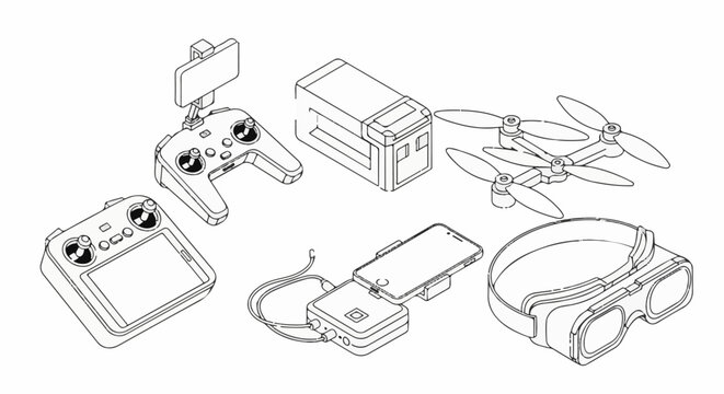 Detailed illustration of drone, remote controls, VR headset, and charging components