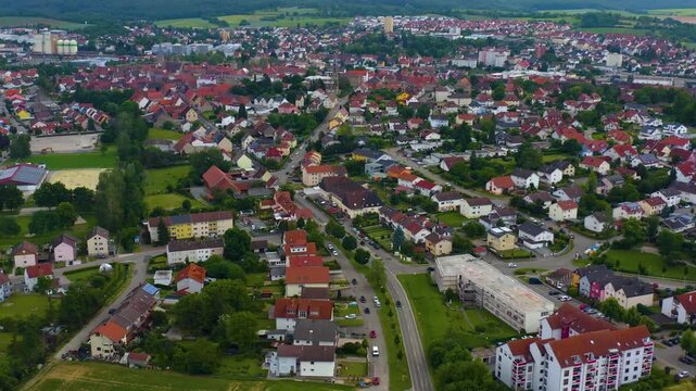 Aerial view of old town of the city Eppingen in Germany on cloudy day in Spring. 