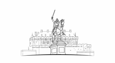 Fototapeta premium Line drawing of a king on horseback with a raised sword before a castle